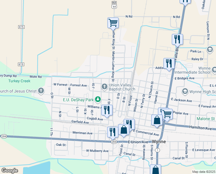map of restaurants, bars, coffee shops, grocery stores, and more near 602 Jackson Avenue in Wynne