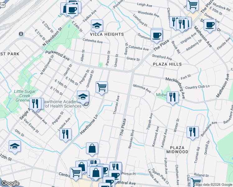 map of restaurants, bars, coffee shops, grocery stores, and more near 1605 Belvedere Avenue in Charlotte
