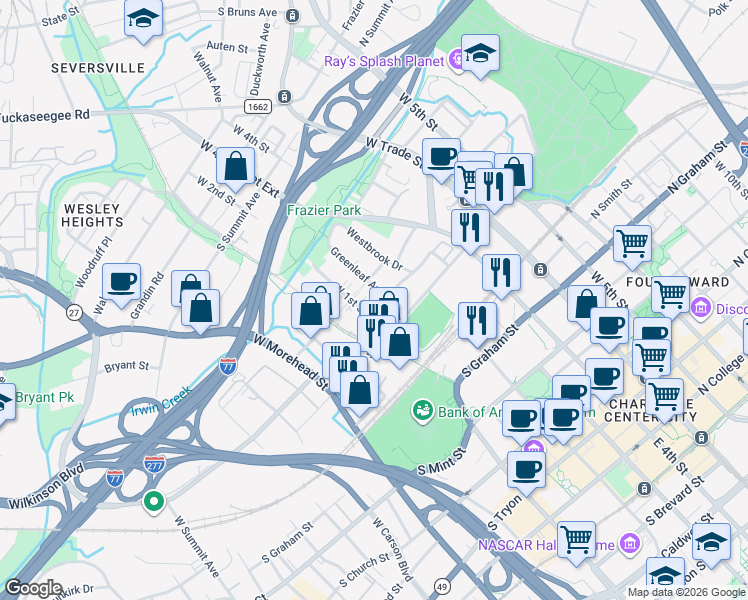 map of restaurants, bars, coffee shops, grocery stores, and more near in Charlotte