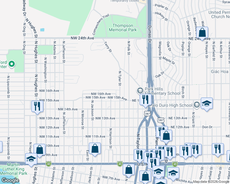 map of restaurants, bars, coffee shops, grocery stores, and more near NW 16th Ave in Amarillo