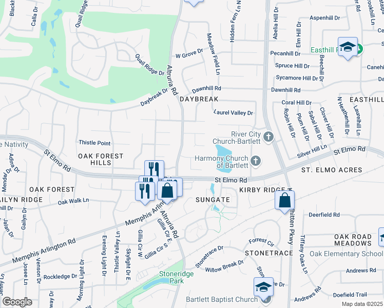 map of restaurants, bars, coffee shops, grocery stores, and more near 3845 North Bluff Point in Memphis