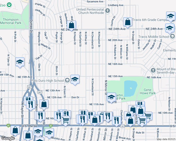 map of restaurants, bars, coffee shops, grocery stores, and more near 1515 North Arthur Street in Amarillo
