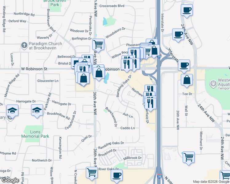 map of restaurants, bars, coffee shops, grocery stores, and more near 1051 Rambling Oaks Drive in Norman