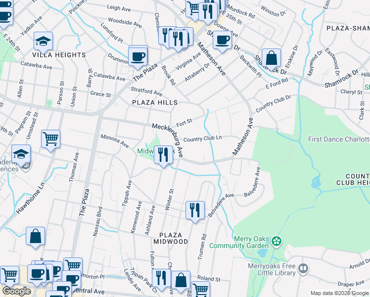 map of restaurants, bars, coffee shops, grocery stores, and more near 2115 Mecklenburg Avenue in Charlotte