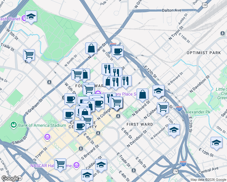 map of restaurants, bars, coffee shops, grocery stores, and more near N Tryon St & W 8th St in Charlotte
