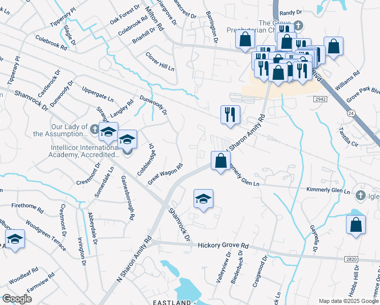 map of restaurants, bars, coffee shops, grocery stores, and more near 4608 Sharon Chase Drive in Charlotte