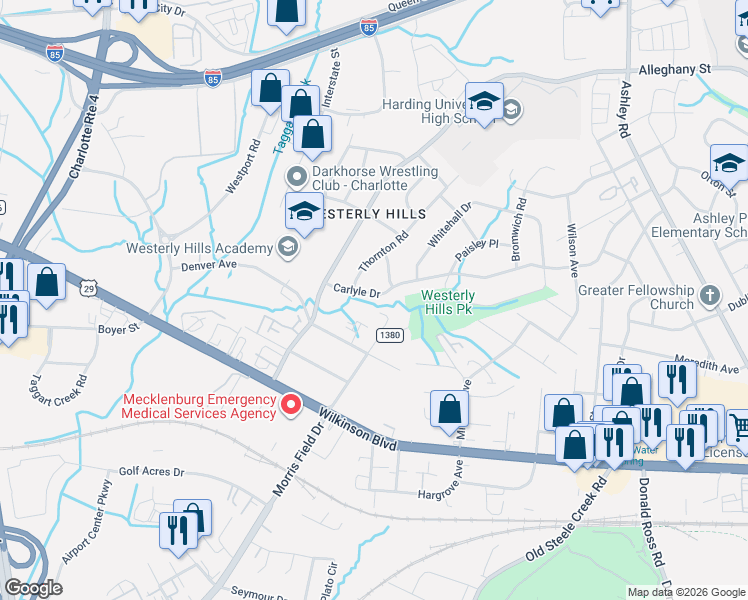 map of restaurants, bars, coffee shops, grocery stores, and more near 4133 Carlyle Drive in Charlotte