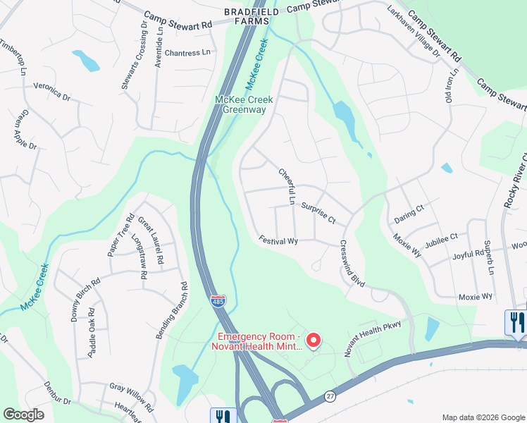 map of restaurants, bars, coffee shops, grocery stores, and more near 7308 Surprise Court in Mint Hill