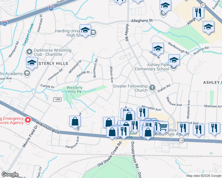map of restaurants, bars, coffee shops, grocery stores, and more near 2232 Wilson Avenue in Charlotte