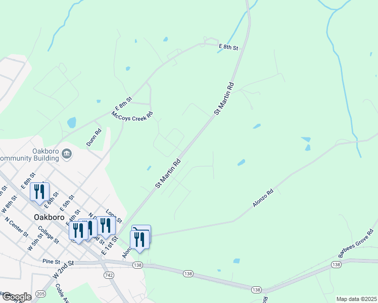 map of restaurants, bars, coffee shops, grocery stores, and more near 12124 Saint Martin Road in Oakboro