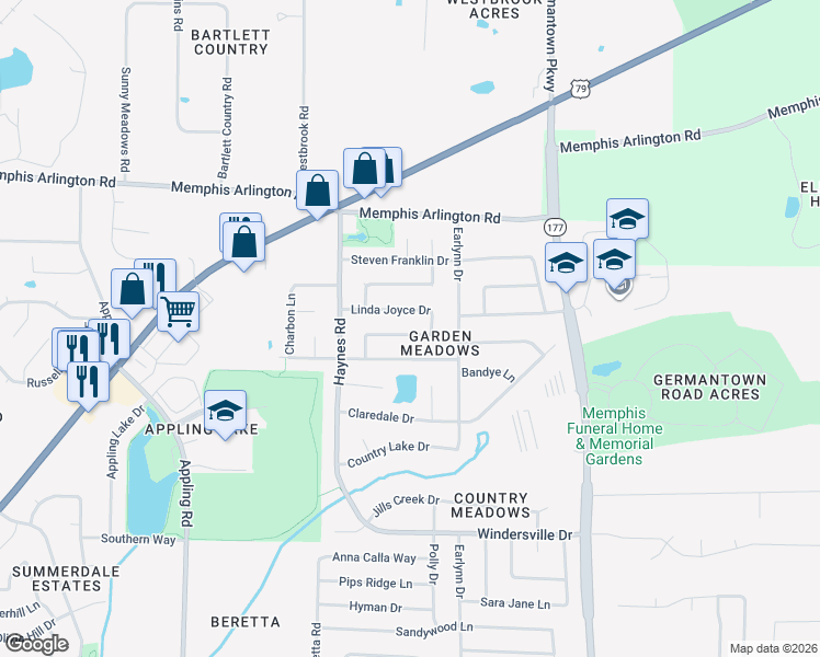 map of restaurants, bars, coffee shops, grocery stores, and more near 7923 Linda Joyce Drive in Memphis