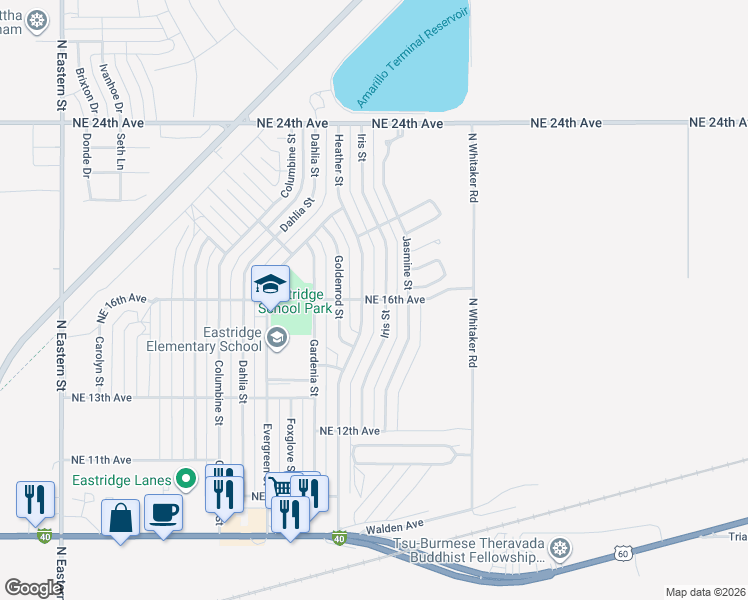 map of restaurants, bars, coffee shops, grocery stores, and more near Mobilhomestead Drive in Amarillo