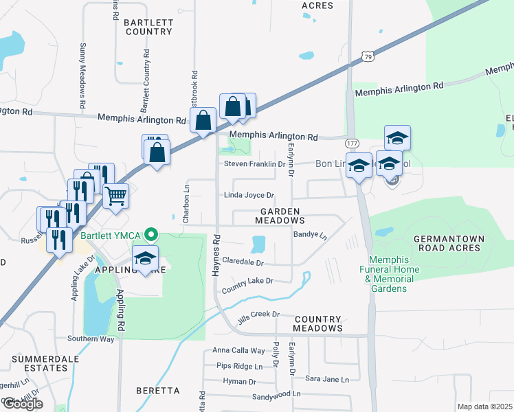 map of restaurants, bars, coffee shops, grocery stores, and more near 7908 Carol Elaine Circle in Memphis