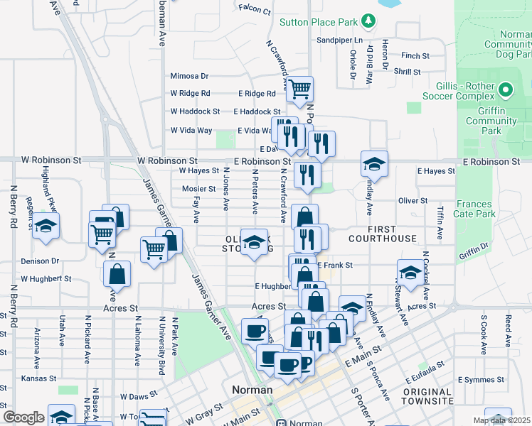 map of restaurants, bars, coffee shops, grocery stores, and more near 134 East Himes Street in Norman