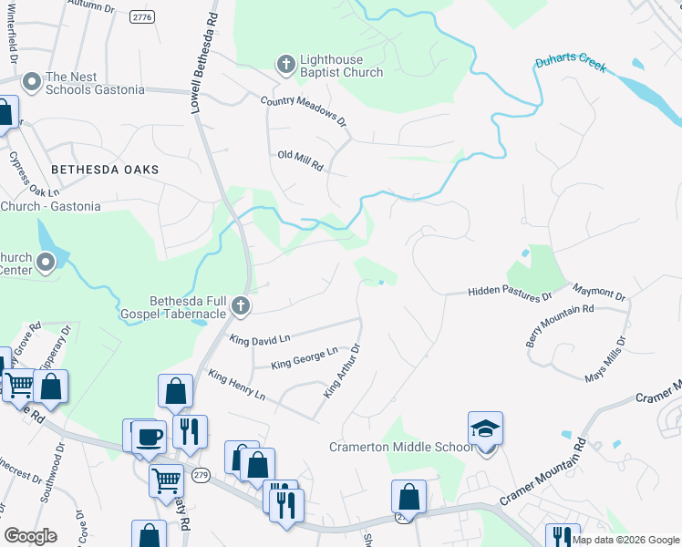 map of restaurants, bars, coffee shops, grocery stores, and more near 5212 Newport Landing Way in Gastonia