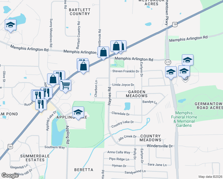 map of restaurants, bars, coffee shops, grocery stores, and more near 3839 Haynes Road in Memphis