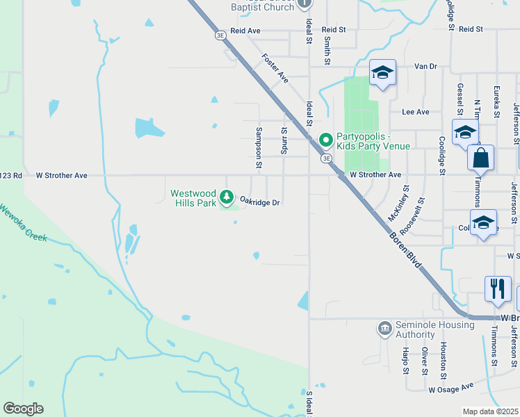 map of restaurants, bars, coffee shops, grocery stores, and more near 1801 Oakridge Drive in Seminole