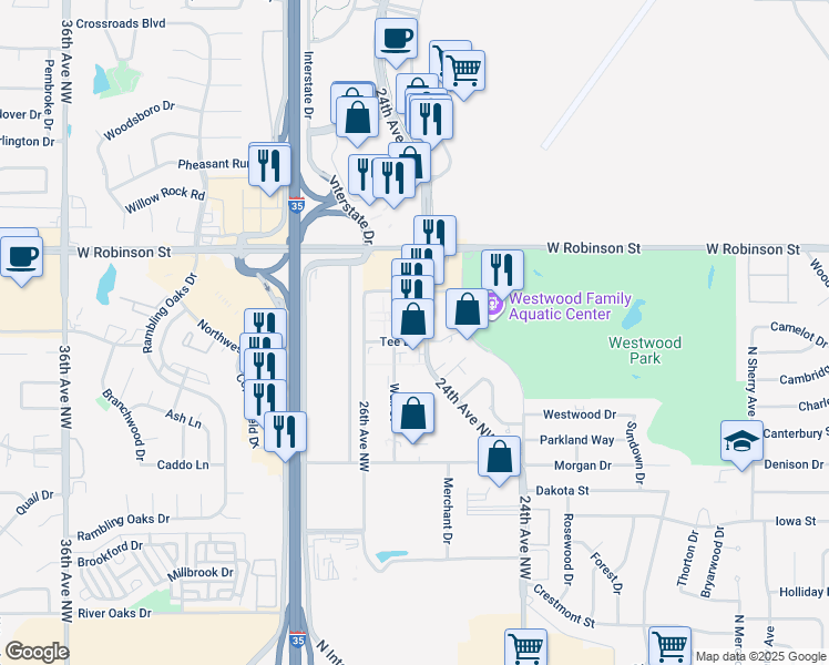 map of restaurants, bars, coffee shops, grocery stores, and more near 1000 24th Avenue Northwest in Norman