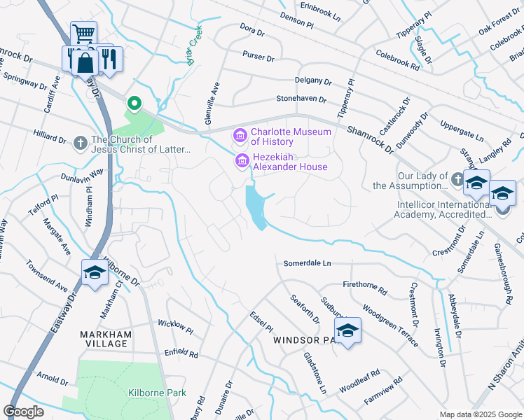 map of restaurants, bars, coffee shops, grocery stores, and more near 3703 Cambridge Wood Circle in Charlotte