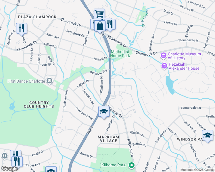 map of restaurants, bars, coffee shops, grocery stores, and more near 1908 Eastway Drive in Charlotte