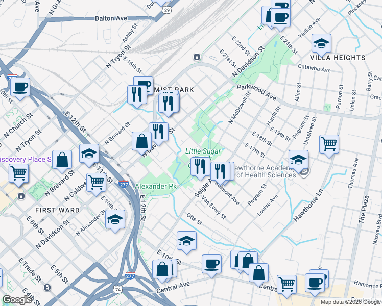 map of restaurants, bars, coffee shops, grocery stores, and more near in Charlotte