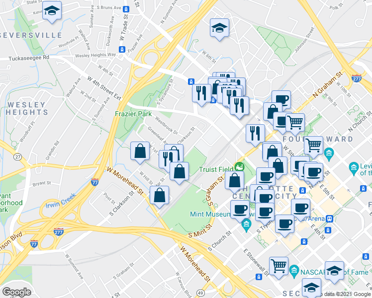map of restaurants, bars, coffee shops, grocery stores, and more near 306 South Cedar Street in Charlotte