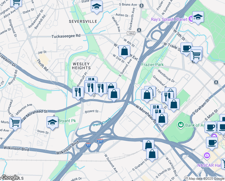 map of restaurants, bars, coffee shops, grocery stores, and more near in Charlotte