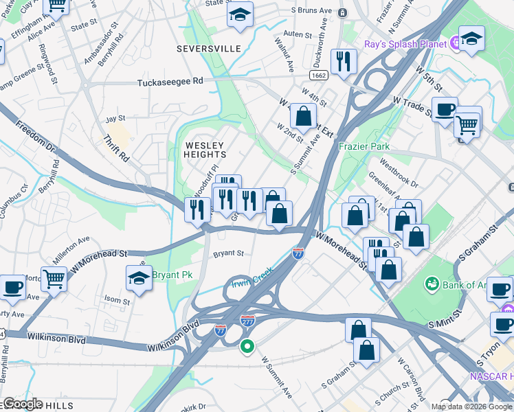 map of restaurants, bars, coffee shops, grocery stores, and more near 700 South Summit Avenue in Charlotte