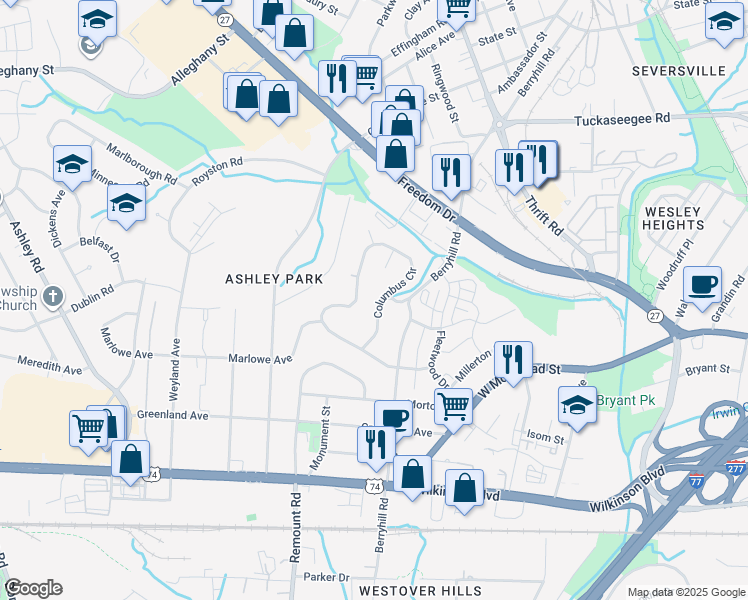 map of restaurants, bars, coffee shops, grocery stores, and more near 3129 Columbus Circle in Charlotte