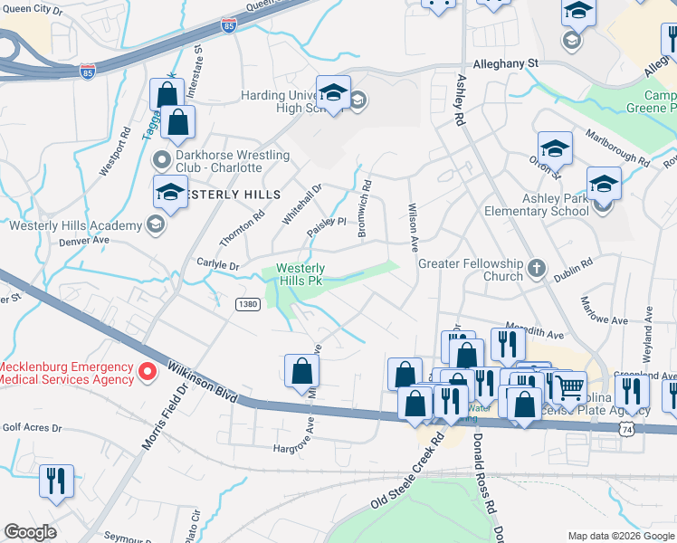 map of restaurants, bars, coffee shops, grocery stores, and more near 3920 Bristol Drive in Charlotte