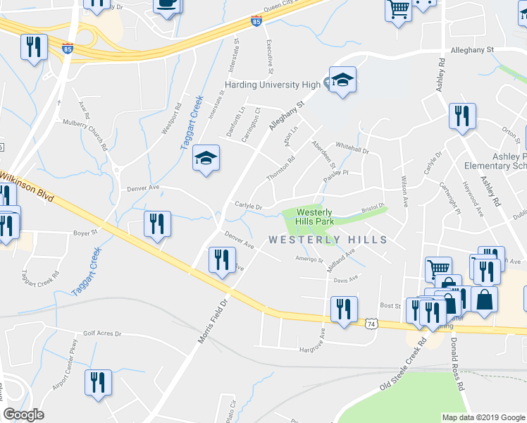 map of restaurants, bars, coffee shops, grocery stores, and more near 4133 Carlyle Drive in Charlotte