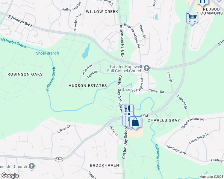 map of restaurants, bars, coffee shops, grocery stores, and more near 4085 Gaston Day School Road in Gastonia