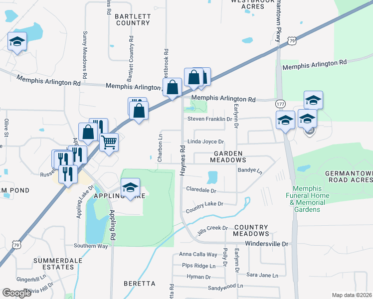 map of restaurants, bars, coffee shops, grocery stores, and more near 3839 Haynes Road in Memphis