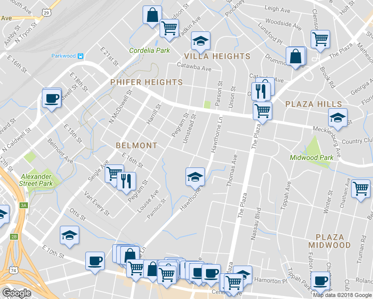 map of restaurants, bars, coffee shops, grocery stores, and more near 1305 Kennon Street in Charlotte