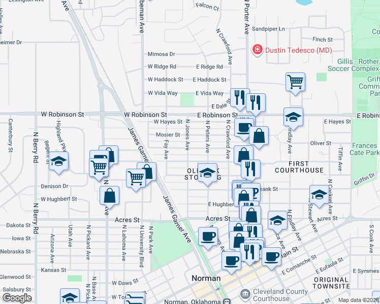 map of restaurants, bars, coffee shops, grocery stores, and more near 102 E Himes St in Norman