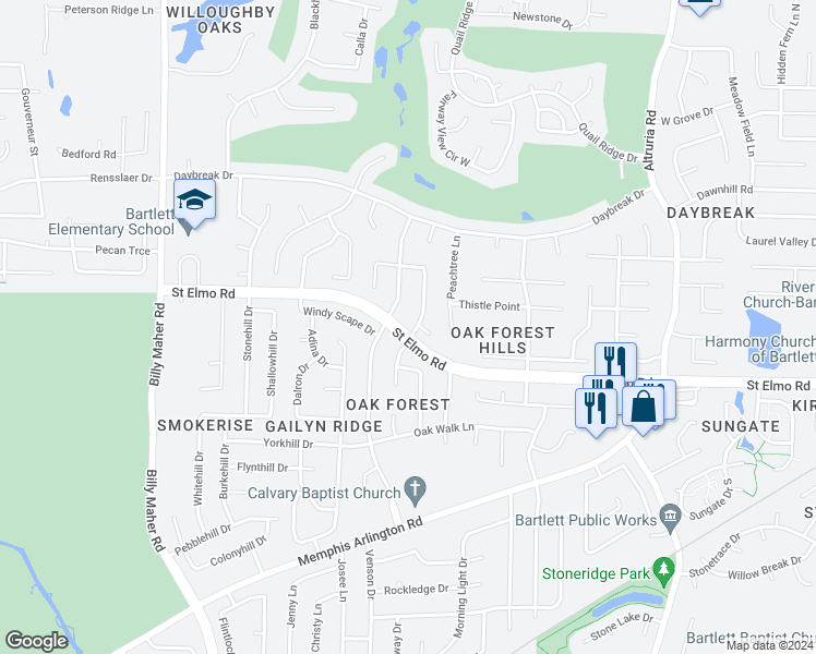 map of restaurants, bars, coffee shops, grocery stores, and more near 3825 Regency Oaks Drive in Memphis