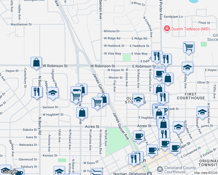 map of restaurants, bars, coffee shops, grocery stores, and more near 224 West Himes Street in Norman