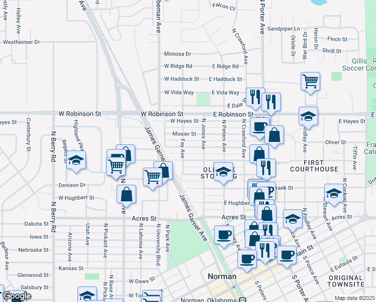 map of restaurants, bars, coffee shops, grocery stores, and more near 130 West Himes Street in Norman