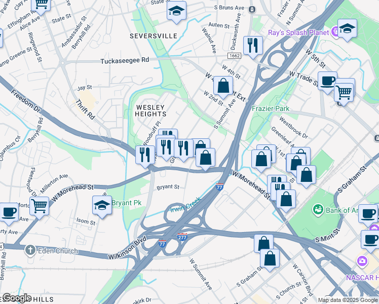 map of restaurants, bars, coffee shops, grocery stores, and more near 700 South Summit Avenue in Charlotte