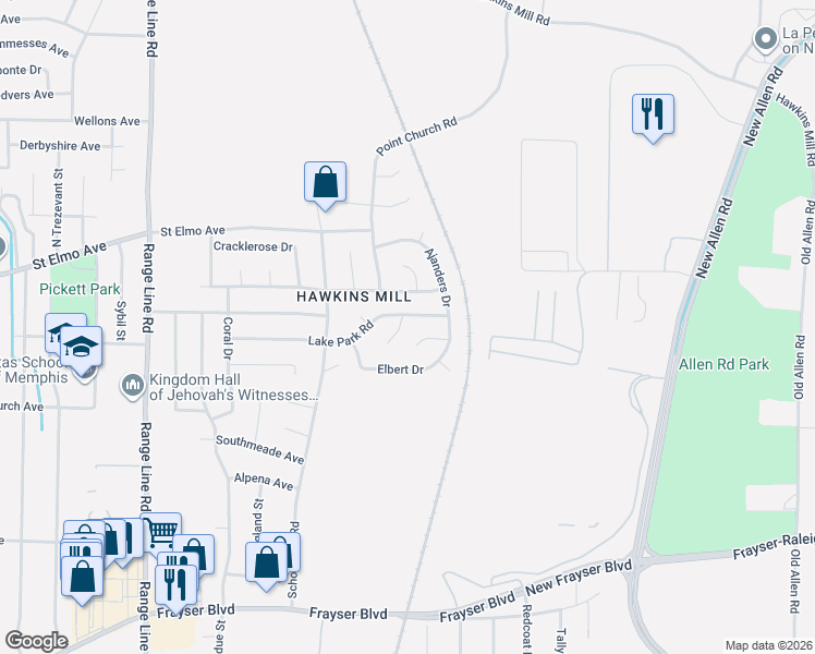 map of restaurants, bars, coffee shops, grocery stores, and more near 2939 Lake Park Road in Memphis