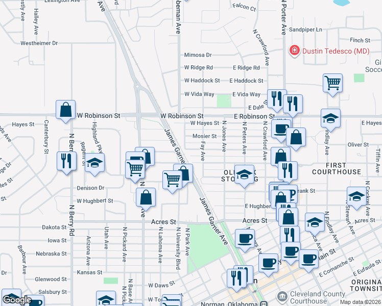 map of restaurants, bars, coffee shops, grocery stores, and more near 224 West Himes Street in Norman