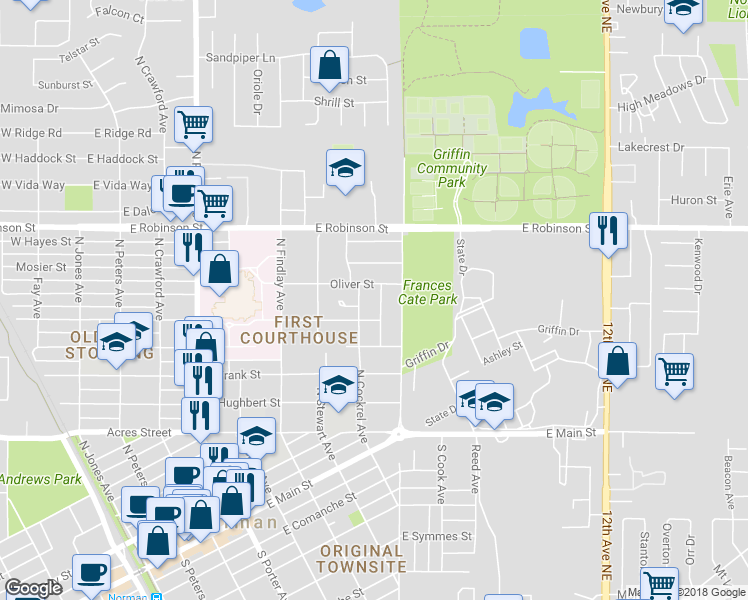 map of restaurants, bars, coffee shops, grocery stores, and more near 710 Tiffin Avenue in Norman