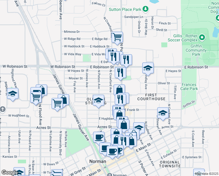 map of restaurants, bars, coffee shops, grocery stores, and more near 236 East Himes Street in Norman