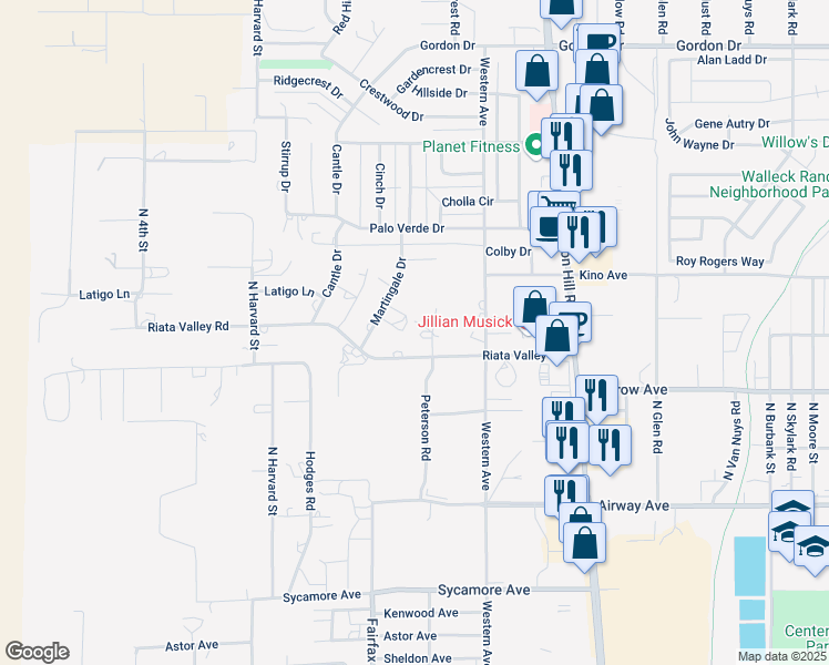 map of restaurants, bars, coffee shops, grocery stores, and more near 3710 Martingale Drive in Kingman