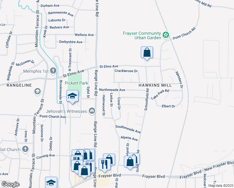 map of restaurants, bars, coffee shops, grocery stores, and more near 3835 Coral Drive in Memphis