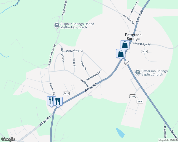 map of restaurants, bars, coffee shops, grocery stores, and more near 5117 Circle Drive in Shelby