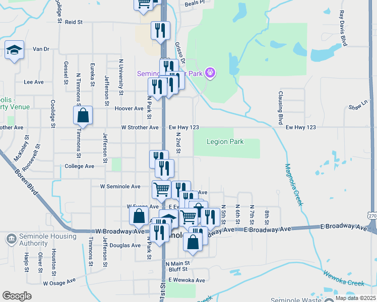 map of restaurants, bars, coffee shops, grocery stores, and more near 703 North Main Street in Seminole