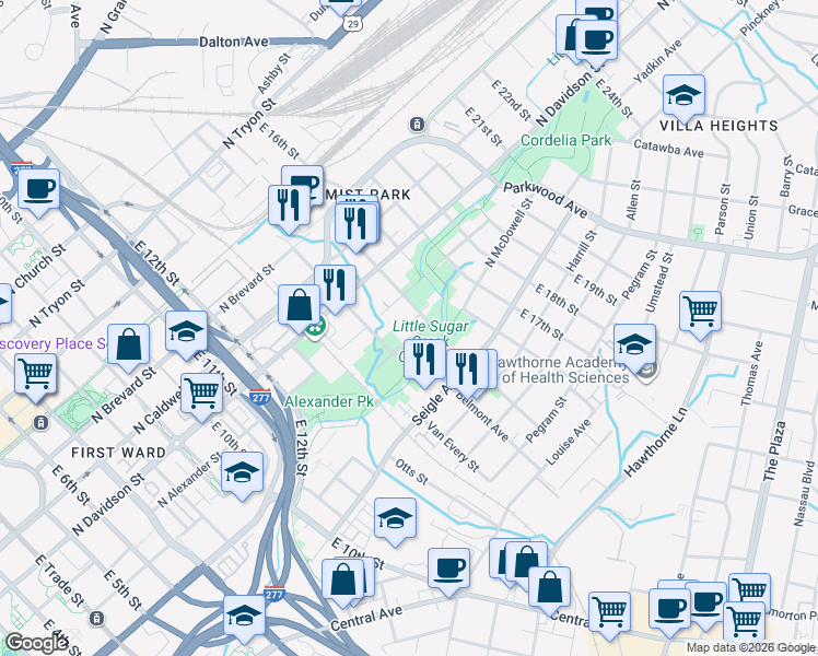 map of restaurants, bars, coffee shops, grocery stores, and more near in Charlotte