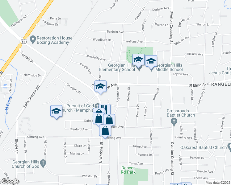 map of restaurants, bars, coffee shops, grocery stores, and more near 3839 Argonne Street in Memphis