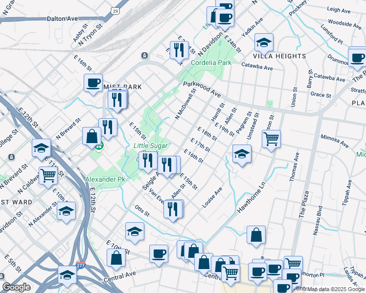 map of restaurants, bars, coffee shops, grocery stores, and more near 1302 Seigle Avenue in Charlotte